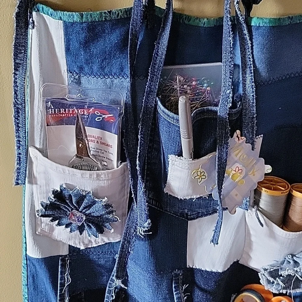 HAND CRAFTED Organizer UPCYCLED Blue White Denim Pocket Floral Hanging 36 X17 In